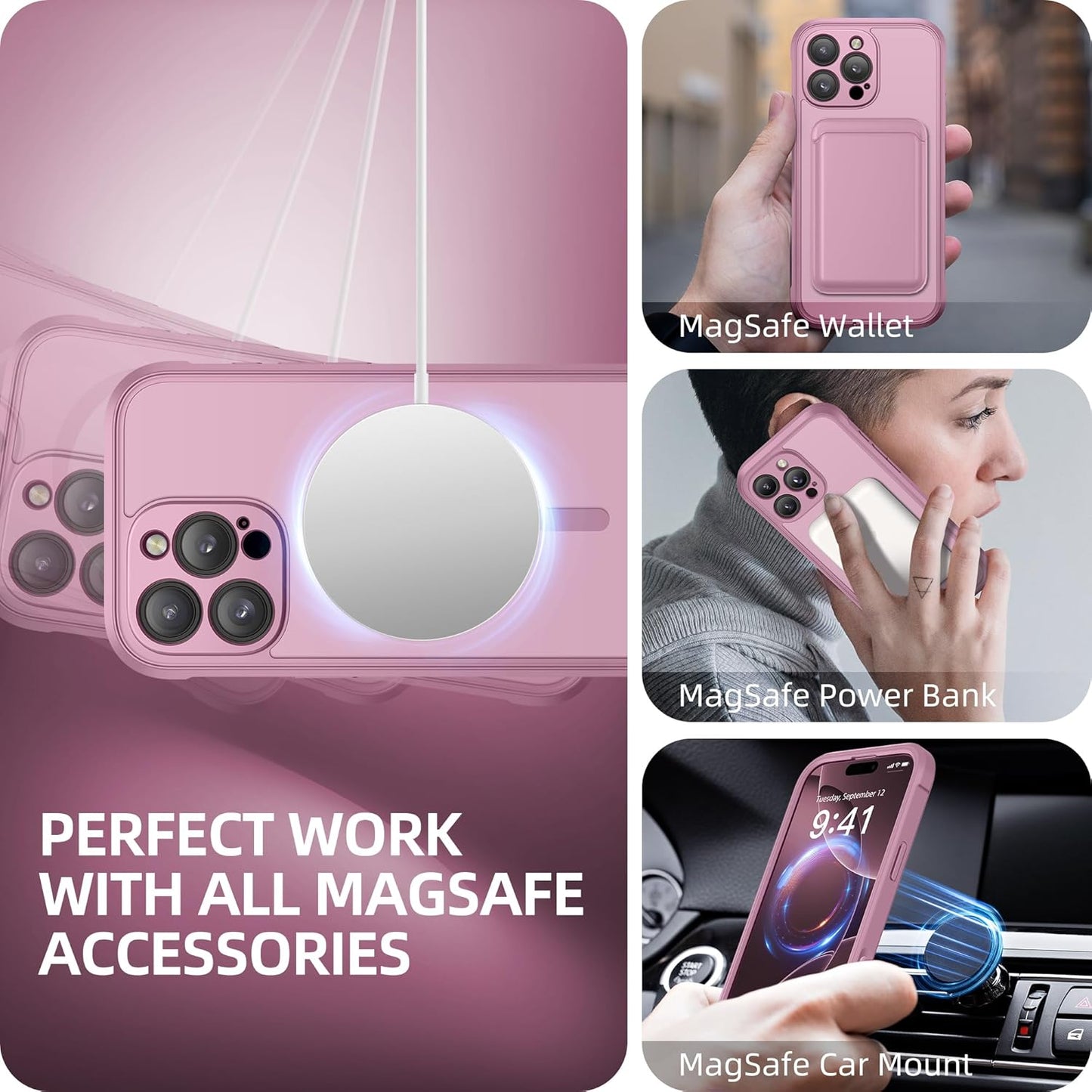 BERFY Magnetic for iPhone 16 Pro Max Case, Compatible with MagSafe, [Built-in 9H Tempered Glass Screen Protector & Camera Protection] Full Body Matte Phone case for 16 Pro Max, Palevioletred