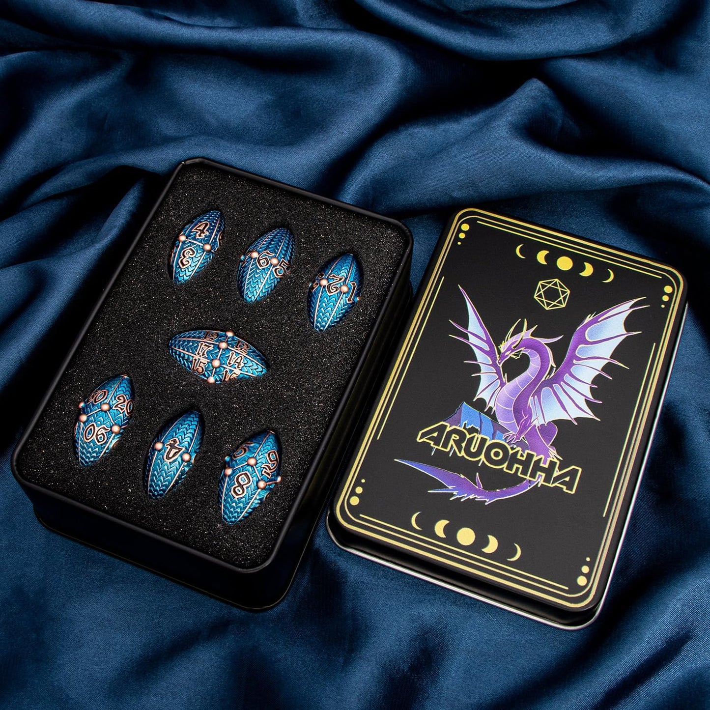 ARUOHHA DND Metal Dice Copper Blue Dragon Egg Dice with Metal Box, Role Playing Game RPG Polyhedral D and D Dice Set D20 D12 D10 D8 D6 D4