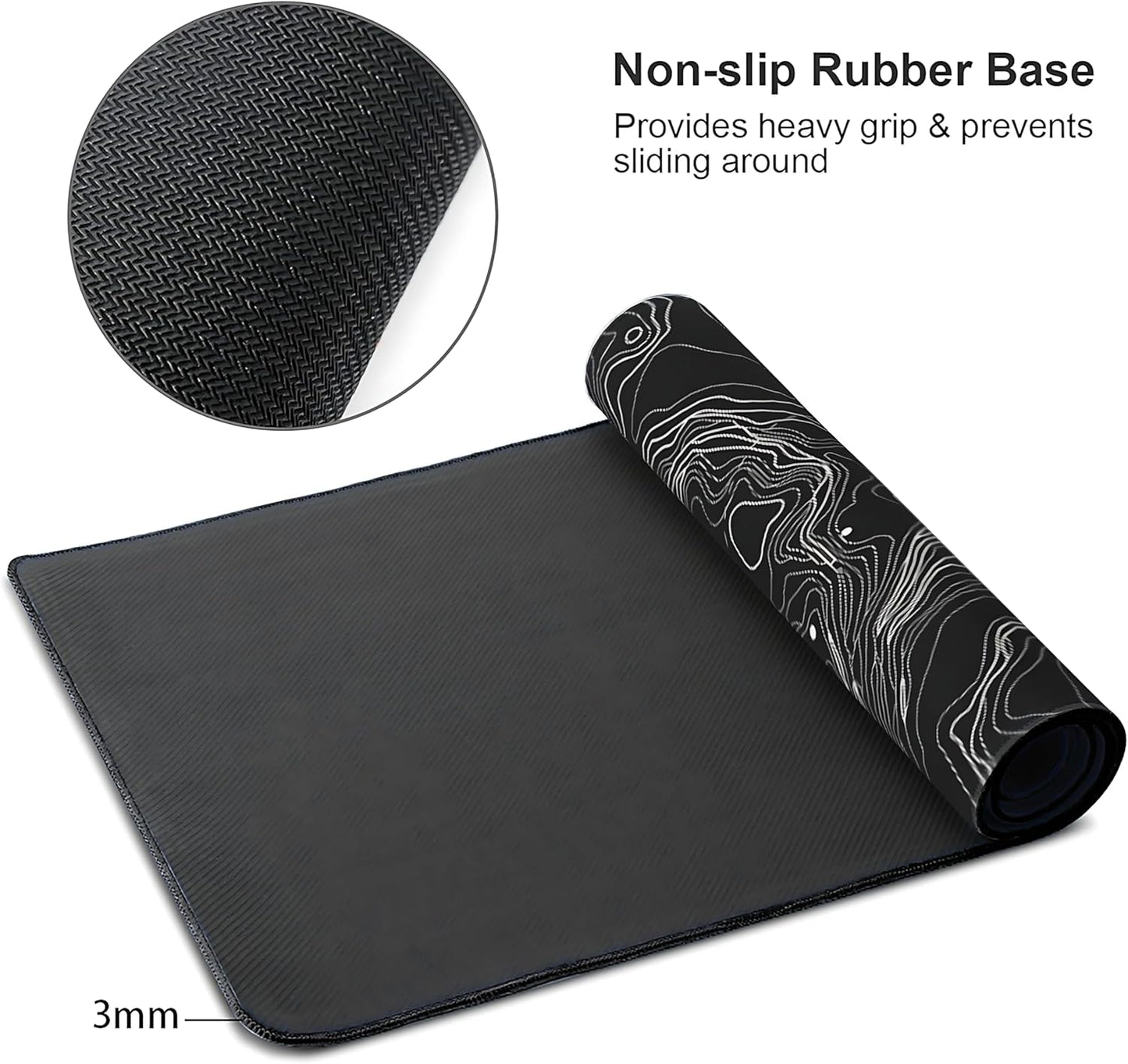 Black with White Topographic Line Large Mouse Pad,Gaming Keyboard Desk Pad,Extended Mouse Mat Non-Slip Rubber Base with Stitched Edges for Office Game Home XXL 35.4"x15.7"