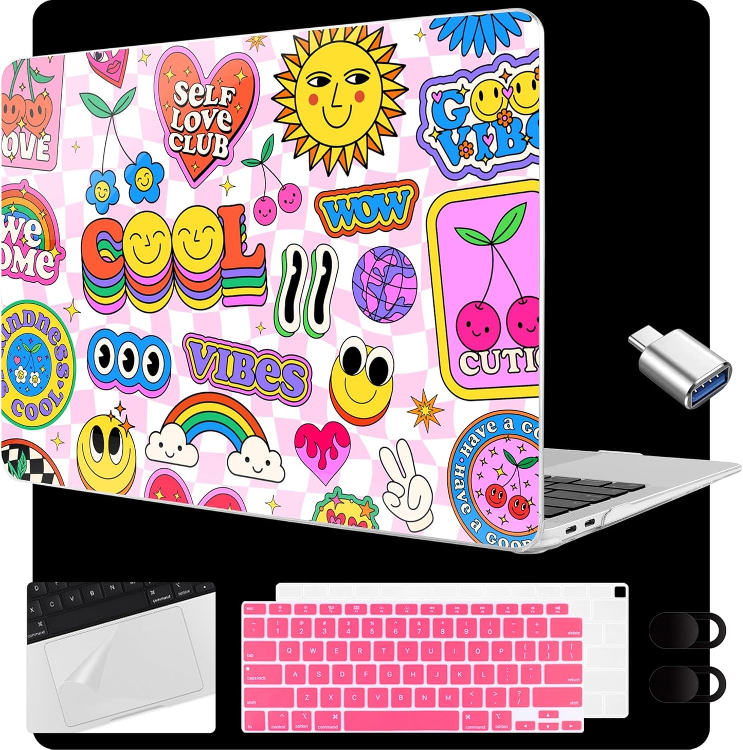 MEEgoodo for MacBook Air 13.3 inch Case 2021 2020 2019 2018 A2337 M1 A2179 A1932, Laptop Shell for MacBook Air M1 with Keyboard Webcam Cover & Trackpad Film & Type C Adapter,Pattern Stickers