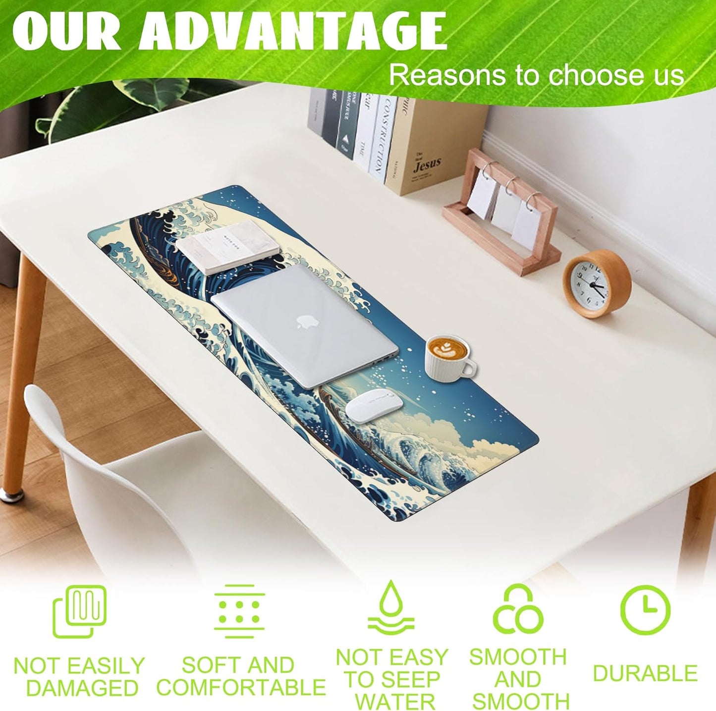 Desk Mat,Blue Japanese Sea Wave Desk Pad,Japanese Sea Wave Large Gaming Mouse Pad for Desk,Extended Big Computer Keyboard Mouse Pad with Non-Slip Base and Stitched Edge,31.5"x11.8"