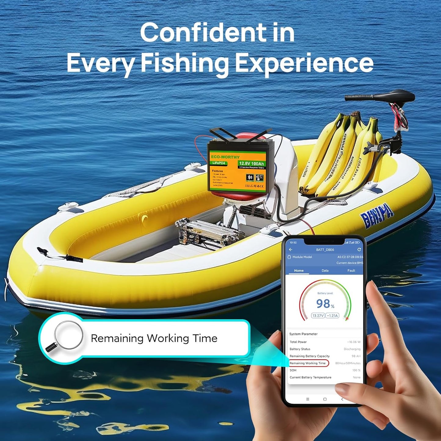 ECO-WORTHY 12V 100AH LiFePO4 Lithium Battery with Bluetooth, Max.1280Wh Energy, Low Temperature Protection, Group 24, Built-in 100A BMS, Perfect for Trolling Motor, RV, Boat, Solar Off-Grid