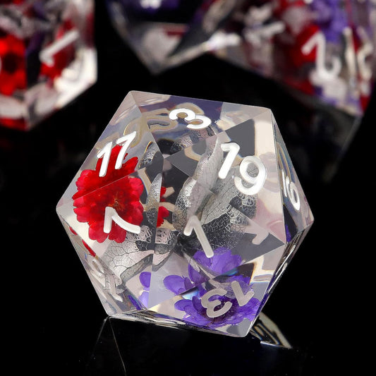 Haxtec Flower DND Dice Set Sharp Edge Dice with Dice Case Handmade Red Purple Floral Resin D&D Dice Set for TTRPGs Compatible with Dungeons and Dragons Gifts