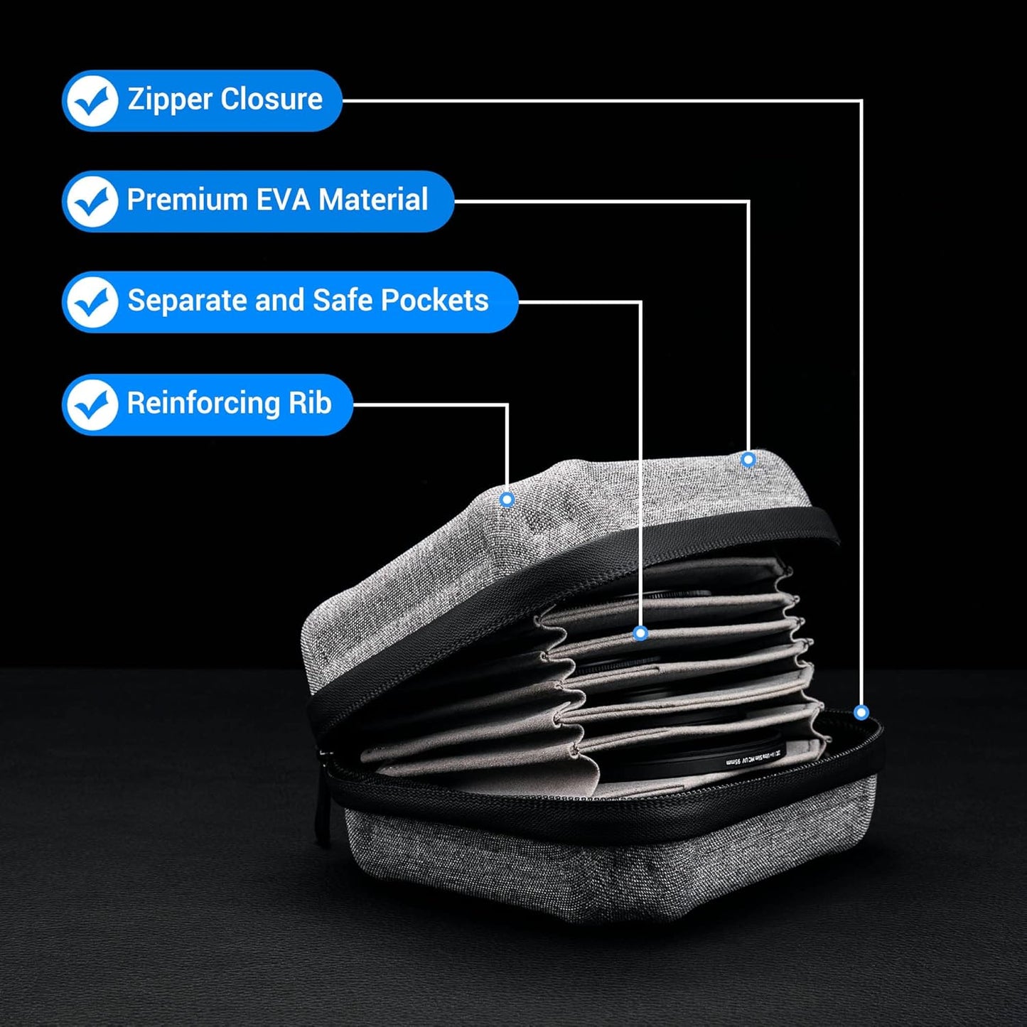 JJC Durable Lens Filter Pouch Case for 10 Circular Filters Up to 95mm 82mm, Dustproof & Water-Resistant Camera Lens Filter Storage Wallet for ND UV CPL Filter