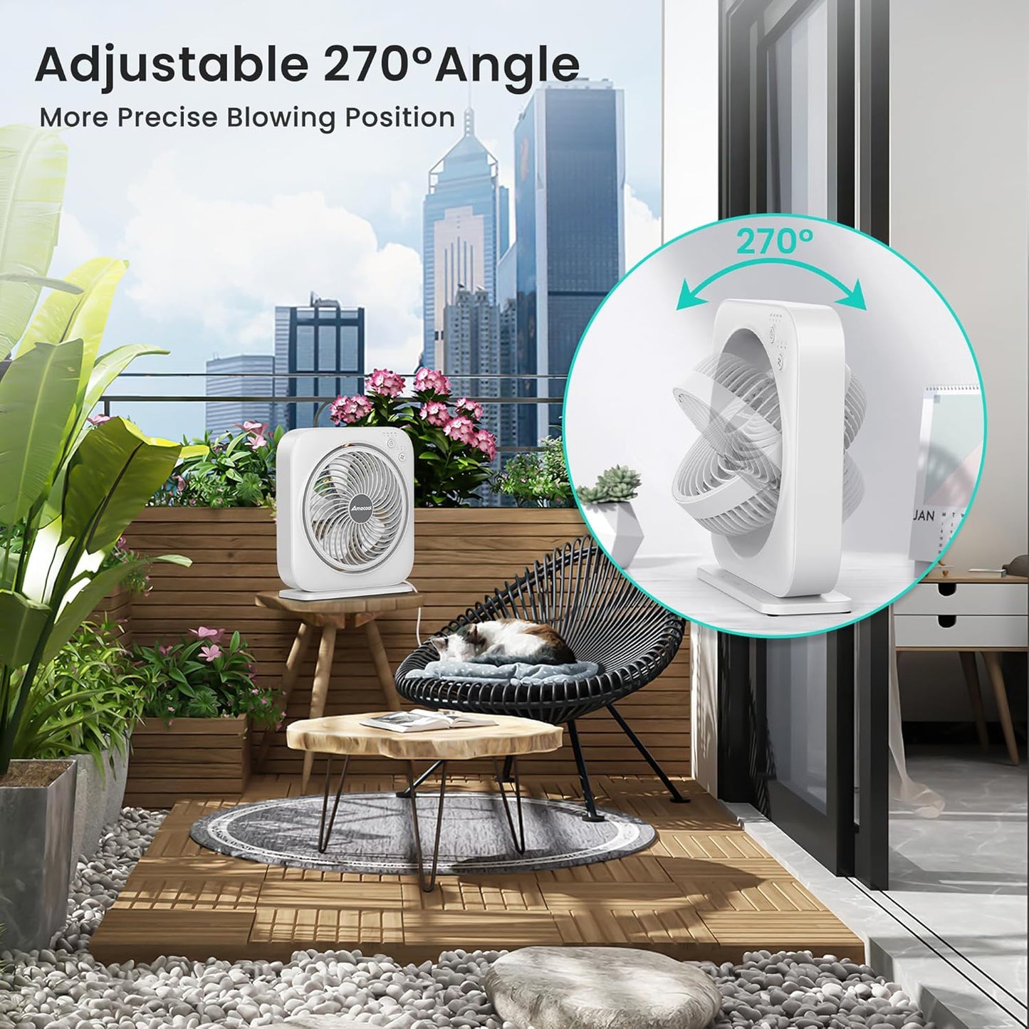 AMACOOL Table Fan, 12 inch Box Fan with 3 Adjustable Speeds & 8HRS Timer, 270° Pivoting Quiet Air Circulator, Desktop Fan for Bedroom Bathroom Kitchen Office, AC Adapter Included-White