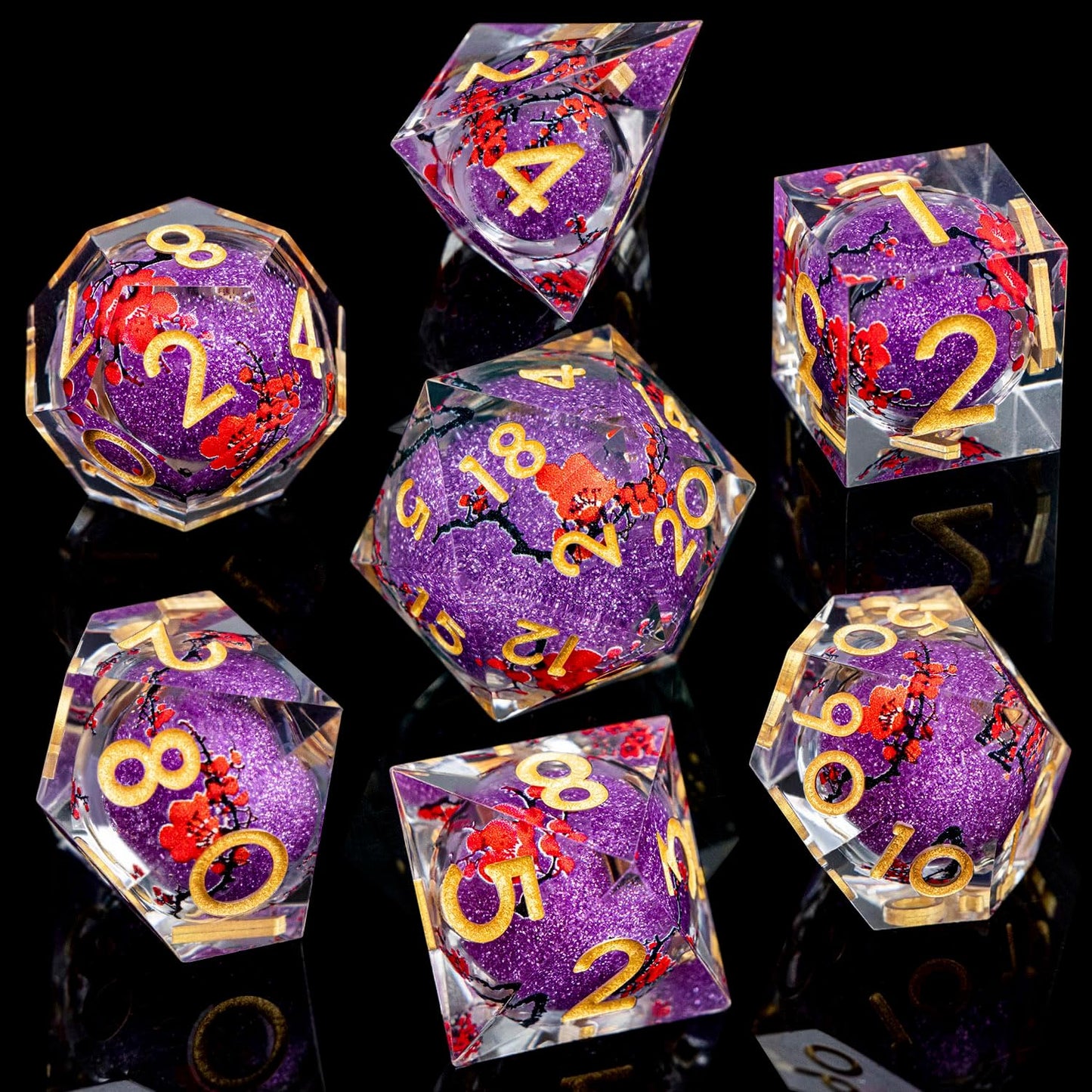 ARUOHHA DND Resin Dice Plum Blossom Liquid Core Purple Sharp Edged Polyhedral Dragons Dice Set with Gift Box, Dungeons D and D Dice Role Playing Game D20 D12 D10 D8 D6 D4
