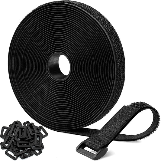 26Ft x 0.8In Adjustable Cable Straps with 30 Buckles, Free Cut Length, Black Reusable Nylon Fastening Cable Ties,Hook and Loop Securing Strap for Cable Tidy Organizer or Storage