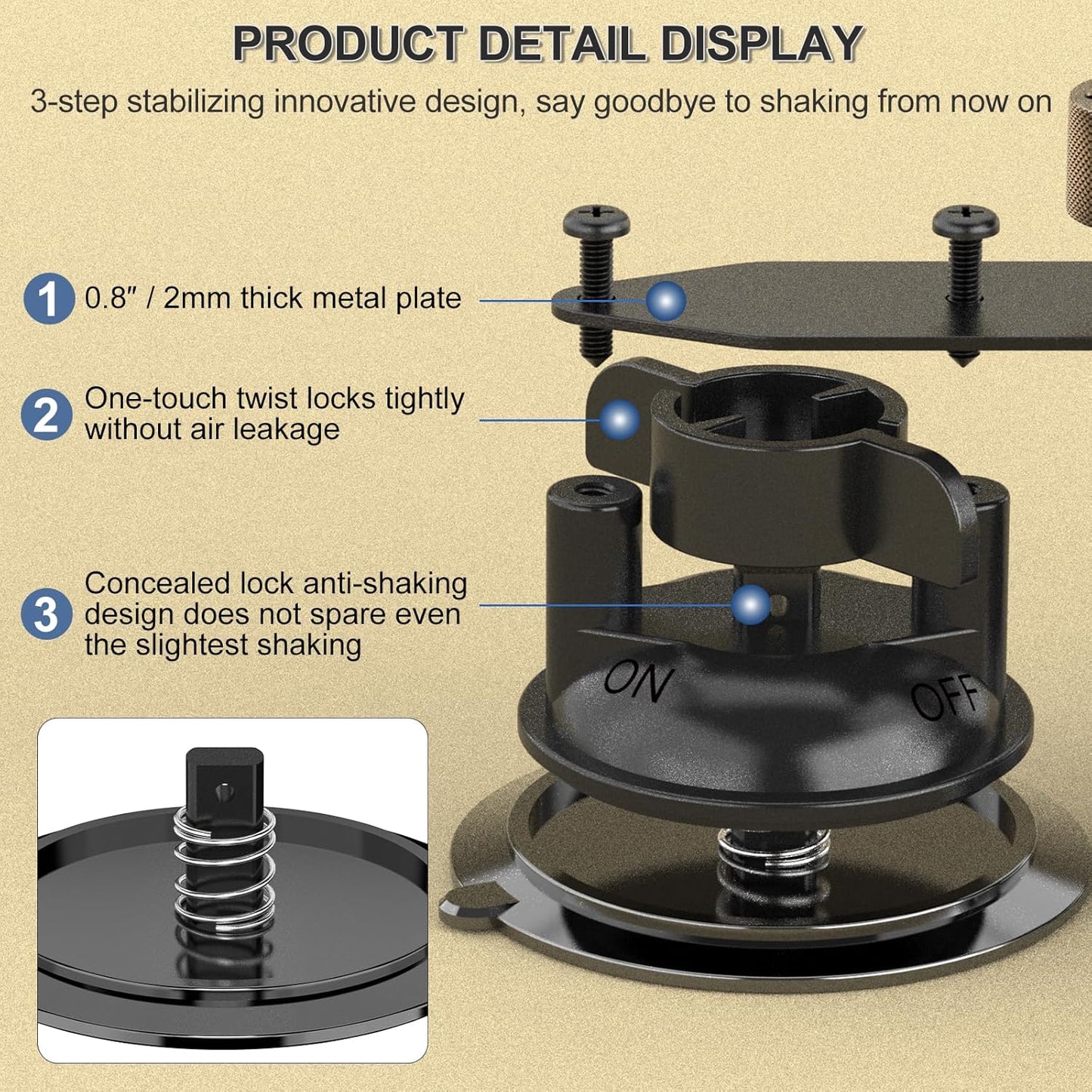 MINIFOCUS Dual Suction Cup Mount, Twist-Lock Dual Suction Cup Base with Camera Thread Adapter, Quick Release Double-Layer Suction, Windshield Window Car Mount for Magic Arm Gopro Adapter