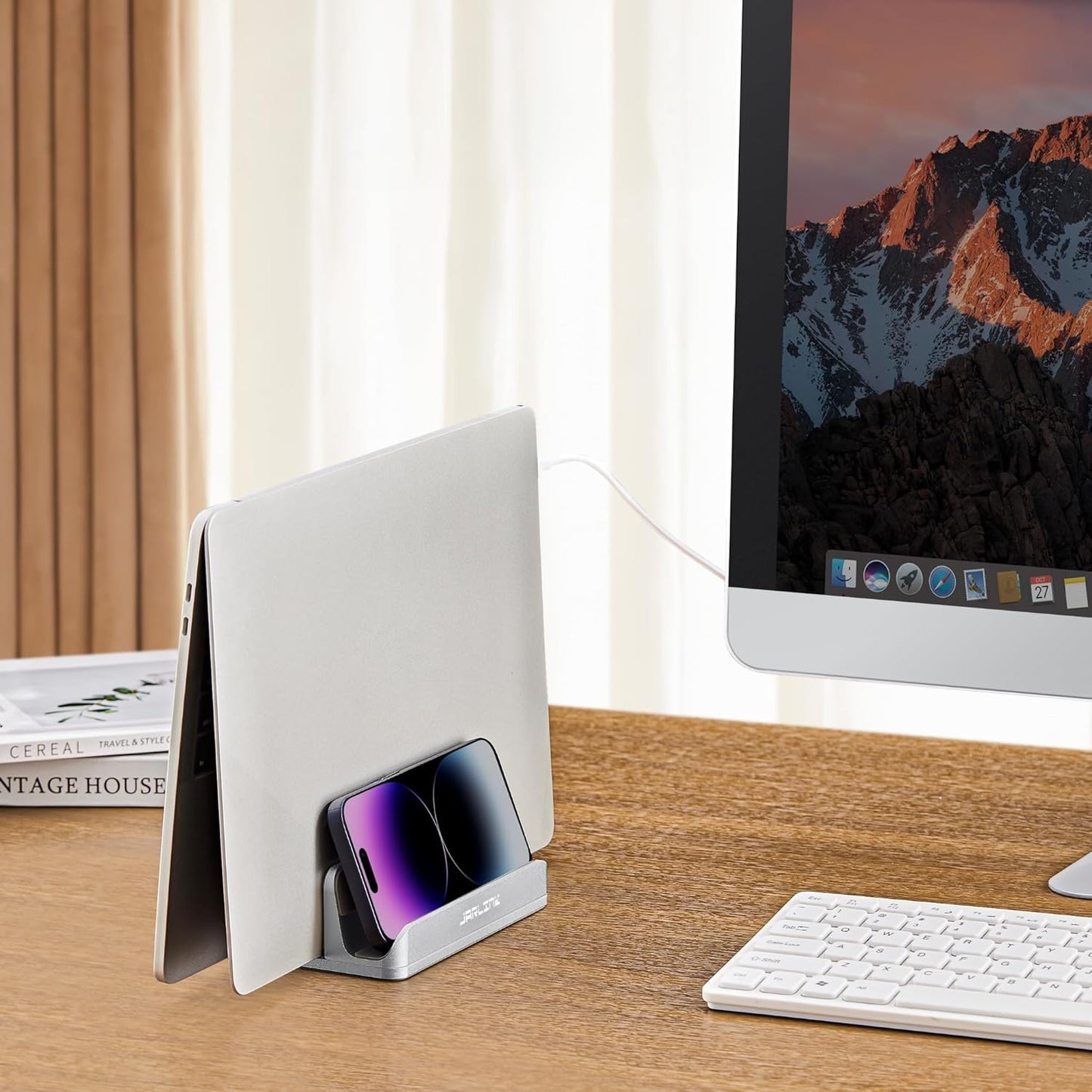 JARLINK 4-in-1 Adjustable Vertical Laptop Stand Holder, Aluminum Dual Slots Laptop Rack for Desk, Space-Saving Organizer Compatible with All MacBook, Surface, Chromebook, and Gaming Laptops (Silver)