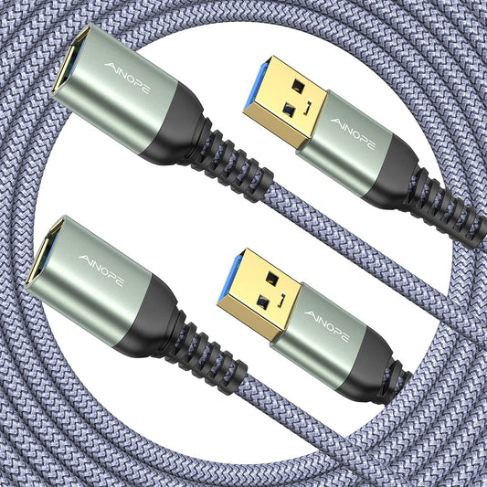 AINOPE 2 Pack USB Extensions Cable High Speed USB 3.0 Extension Cord Type A Male to Female Sturdy Braided Material Fast Data Transfer Compatible with USB Keyboard,Mouse,Flash Drive,Grey,16FT+16FT