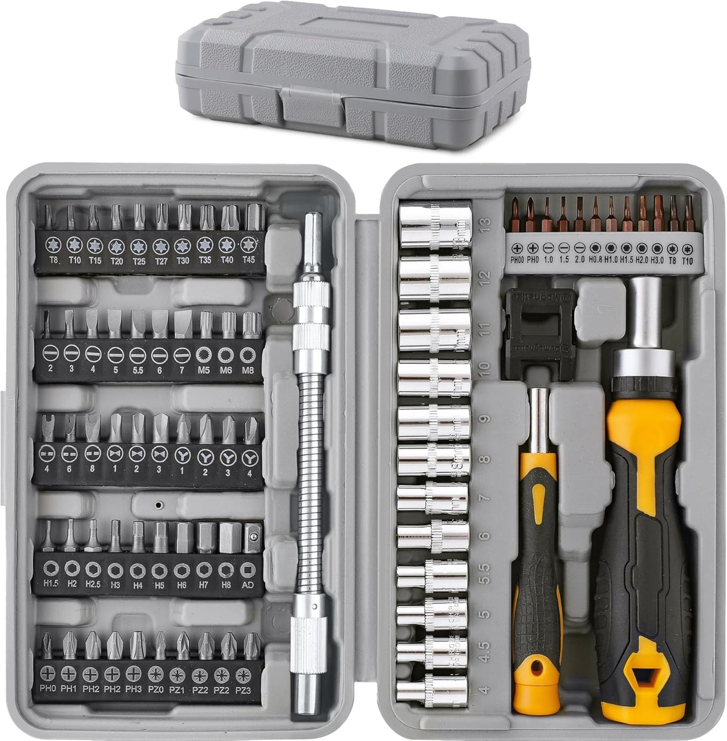 Hi-Spec 78pc Multi Screw Driver Bit Set and 1/4 inch Socket Set with Handles. Flexible Extension, Precision, Torx and Tamperproof 1/4 inch Hex Screwdriving Bit Accessories in a Case
