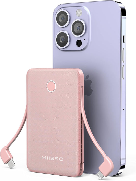 6000mah Ultra Slim Built in Cables Power Bank, Card Size Built in USB C Cords Battery Pack Portable Charger for Phones, 3 Output External Battery Pack Compatible with iPhone, Samsung, Google, Pink