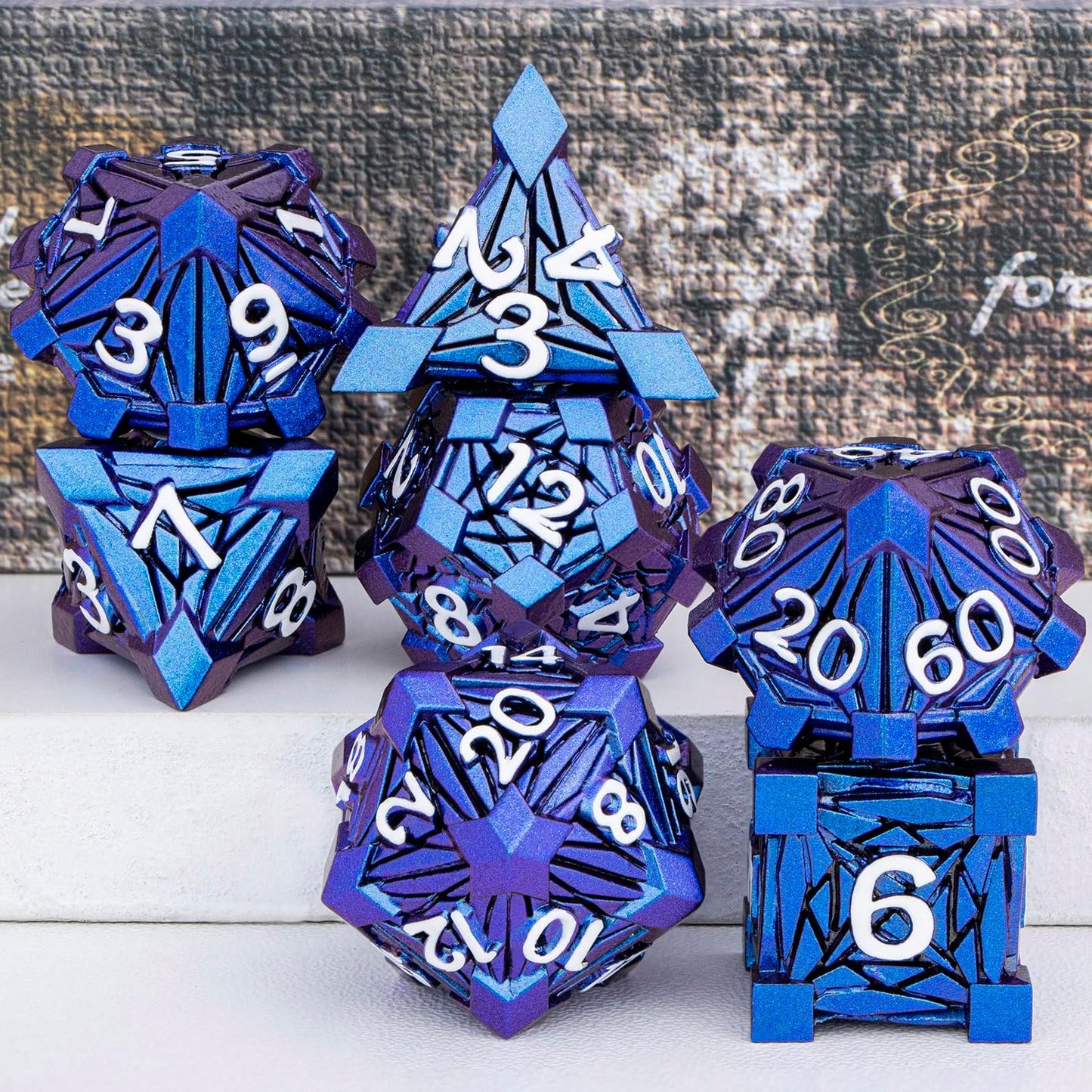 7PCS Metal DND Dice Set with Box, Debris RPG Blue White D and D Dice for D&D Tabletop Games Role Playing Game Polyhedral Dice Set D20 D12 D10 D8 D6 D4