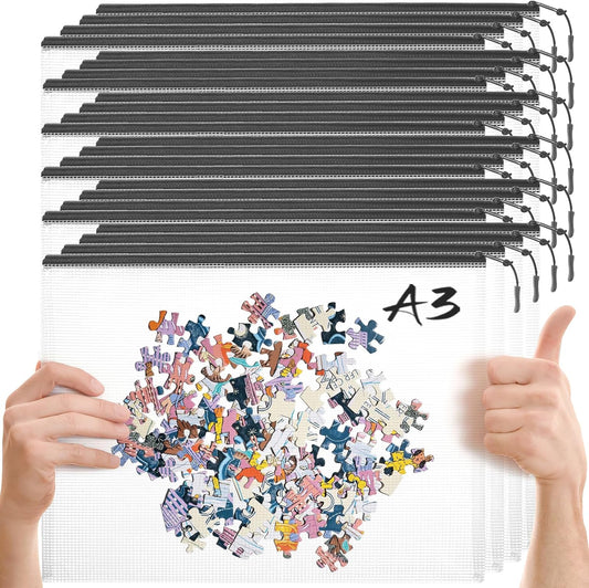 24pcs Mesh Zipper Pouch Puzzle Storage Bags A3 17x12 Inches Large File Bags Black Reusable Zipper Pouches for Organizing, Classroom Board Game Organization