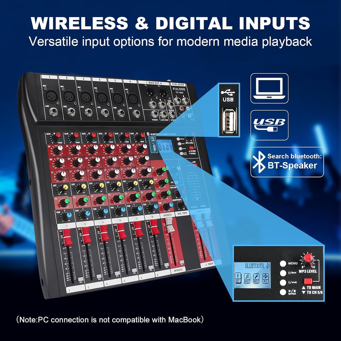 6 Channel Audio Mixer, Professional Music Mixer Board DJ Mixing Console with Bluetooth, USB/MP3 Player, Reverb, and 48V Phantom Power for Studio Recording, Karaoke, and Live Performances