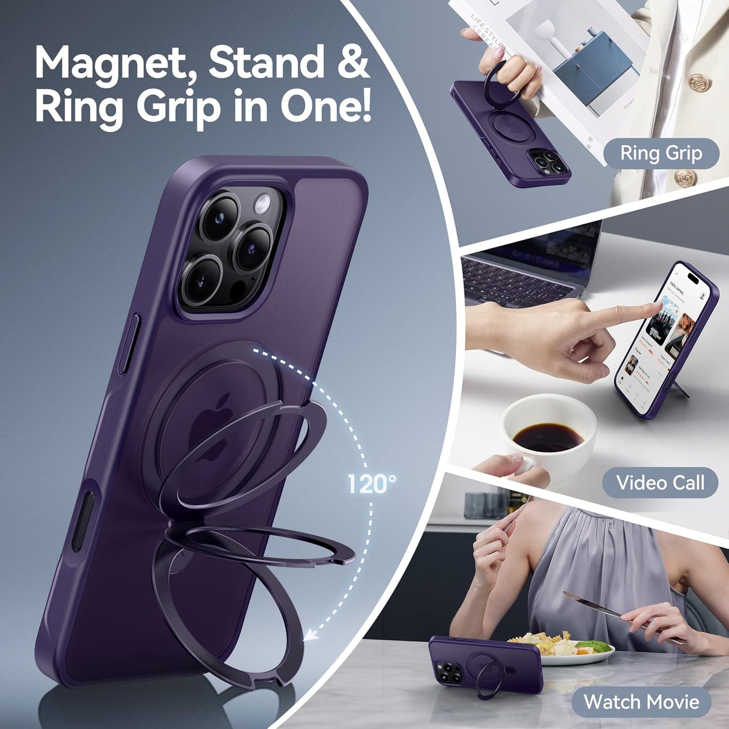 CASEKOO Designed for iPhone 16 Pro Max Case with Magnetic Invisible Stand [Military Drop Protection] [Compatible with MagSafe] Shockproof Slim Translucent Matte Promax Case 6.9 Inch, Purple