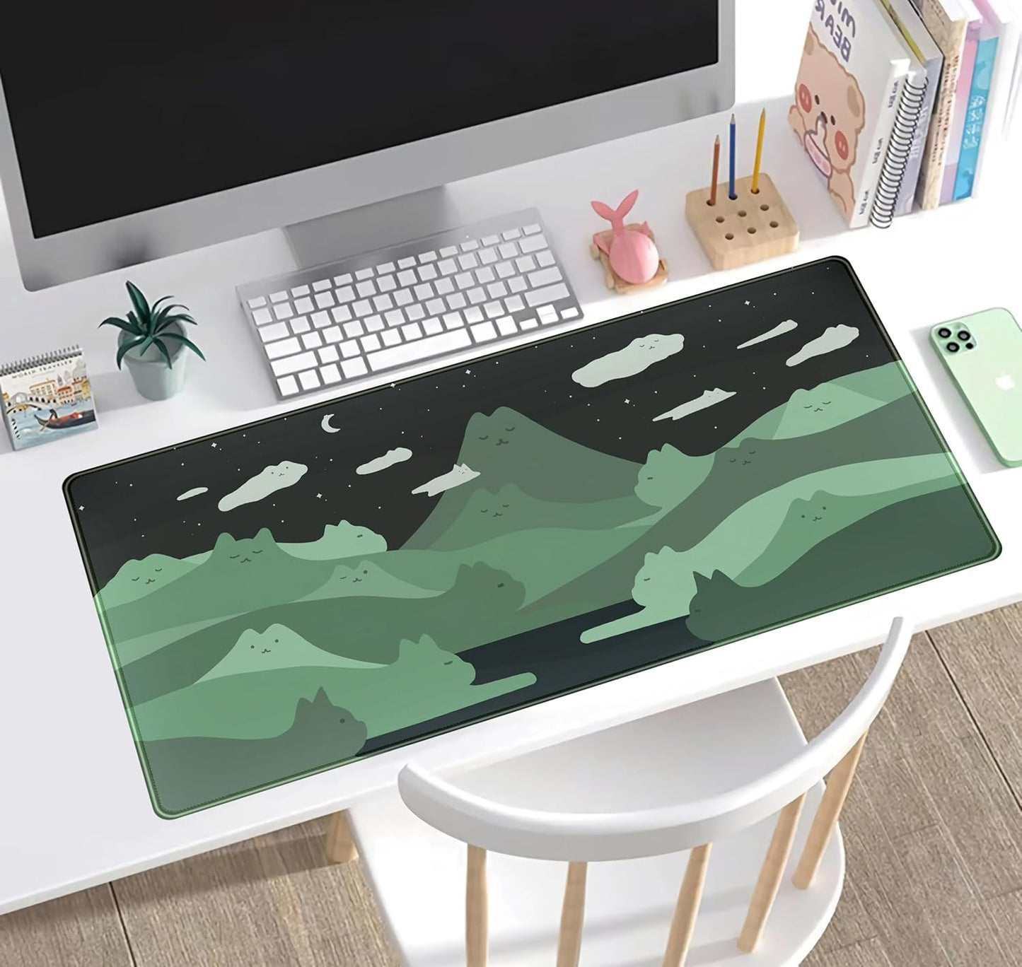 Anime Green Cats Mouse Pad Desk Pad Kawaii Cartoon Cat Desk Mat Cute, XXL Large Laptop Gaming Mousepad Keyboard Mouse Mat, Office Desk Decor matt for Women with Stitched Eges Pad, 31.5x15.75 in