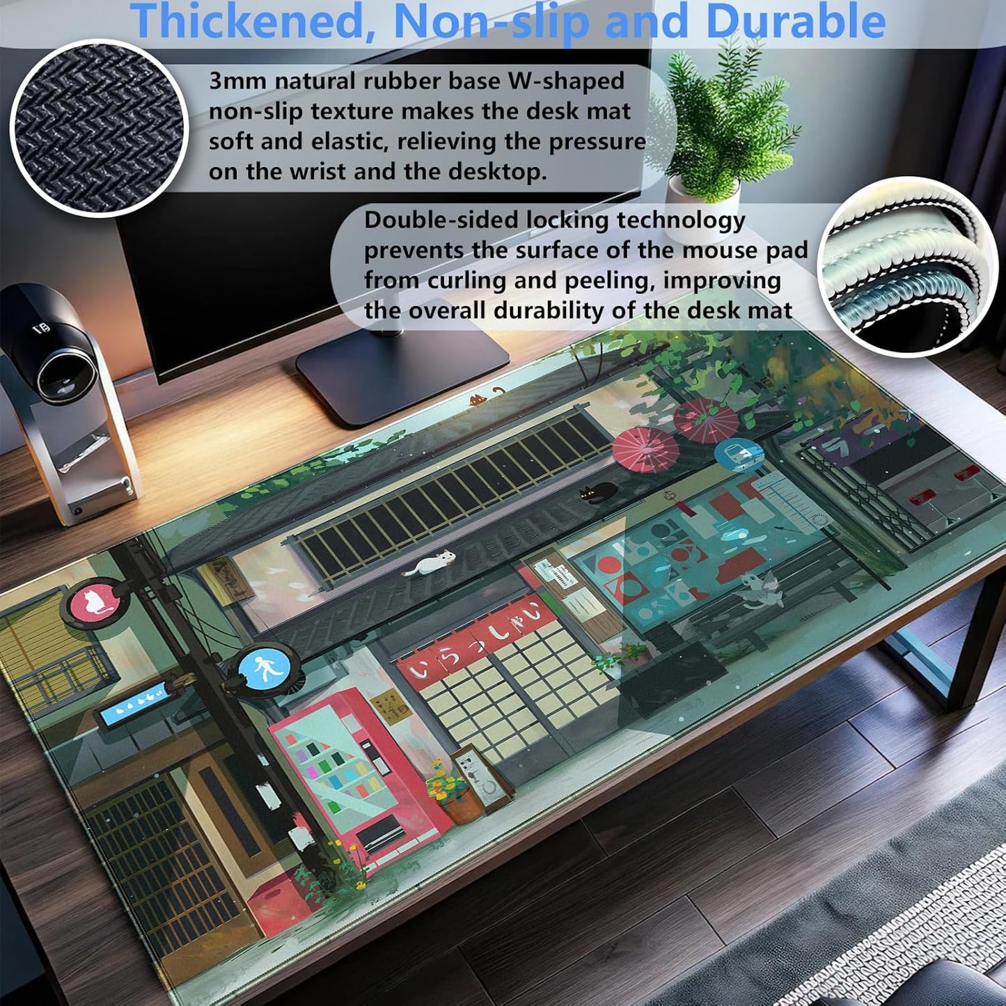 Kawaii Anime Cat Gaming Desk Mat Pad XL Large Mouse Pad (31.5"x15.7") Mouse & Keyboard Desk Pad with Stitched Edge, Vibrant Green Design for Home Office & Computer Gaming Setup