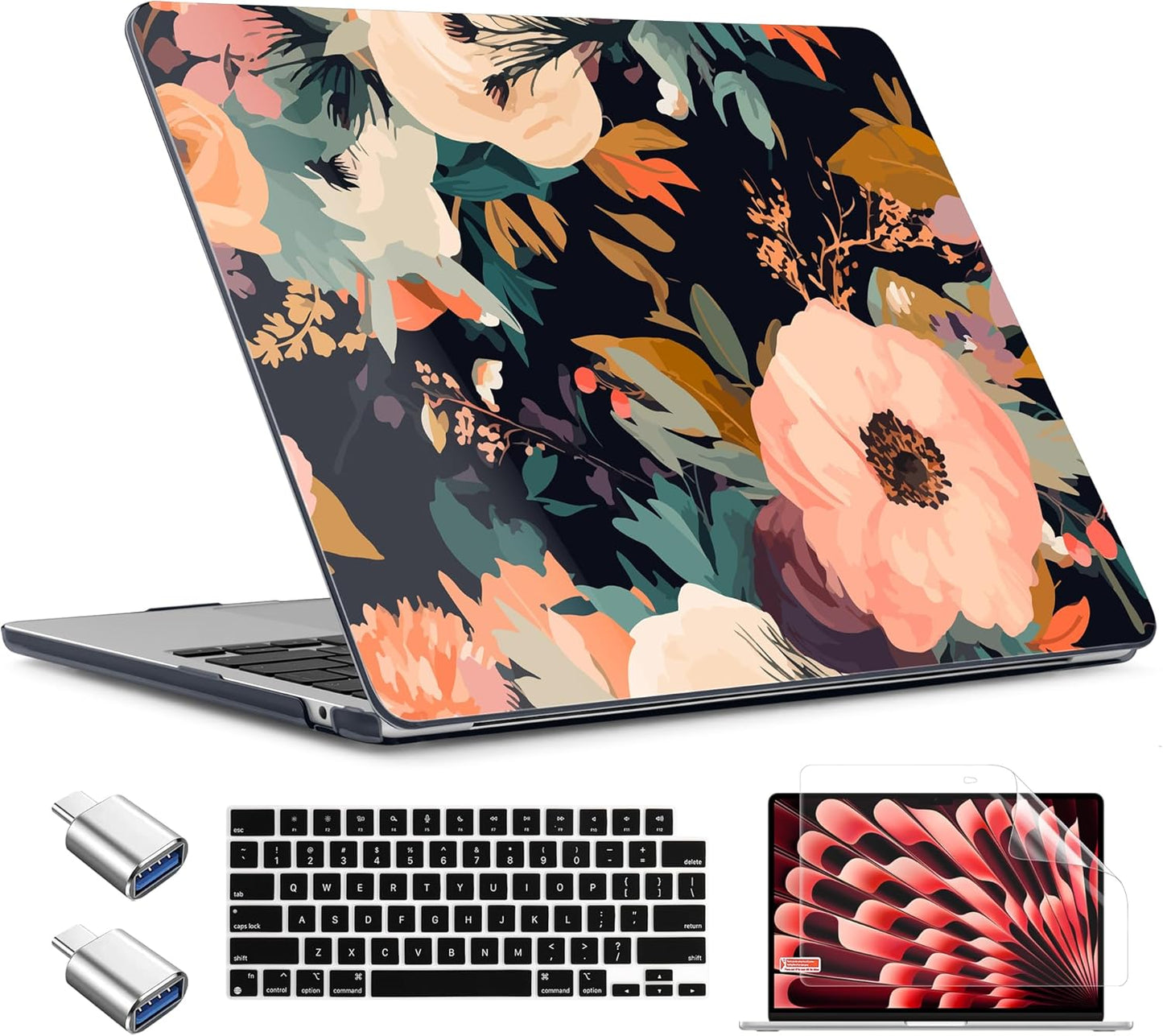 TWOLSKOO Compatible with M4 MacBook Air 13.6 inch Case 2025-2022 Release M4 A3240 M3 A3113 M2 A2681, Plastic Hard Shell & Keyboard Cover & Type C Adapter & Screen Protector, Bright Abstract Flowers