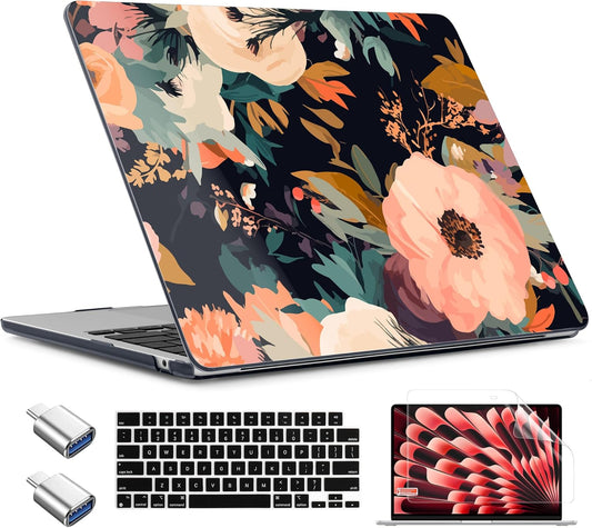 TWOLSKOO Compatible with M4 MacBook Air 13.6 inch Case 2025-2022 Release M4 A3240 M3 A3113 M2 A2681, Plastic Hard Shell & Keyboard Cover & Type C Adapter & Screen Protector, Bright Abstract Flowers