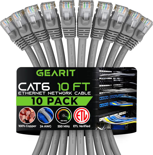 GearIT Cat 6 Ethernet Cable (10-Pack 10 Feet) Cat6 Network Patch, 10Gbps, RJ45, Snagless Cord, Gold-Plated Connectors, Internet for PC, TV, Tablet, Router, Printer, Servers, IT Data Center - Gray