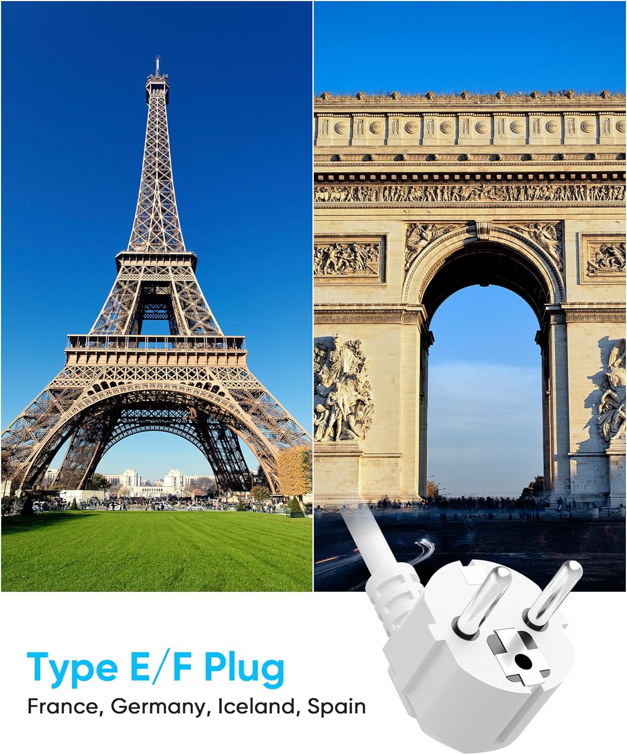 European Travel Plug Adapter, Olcorife US to Europe Type E/F Plug Adapter, International Power Strip with 6 Outlets and 3 USB(1 USB-C), 5 FT Cord for Germany France Iceland Spain