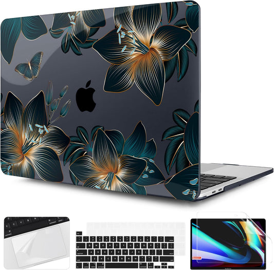 TWOLSKOO Compatible with MacBook Pro 13 inch Case 2023-2016 A2338 M2/M1 A2251 A2289 A2159 A1989 A1706, Plastic Hard Shell Cover & Keyboard Skin & Screen Protector - Golden Lilies