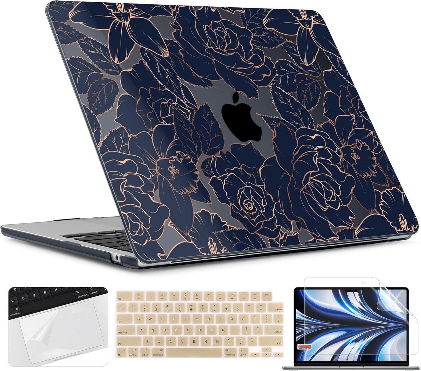 TWOLSKOO for M4 MacBook Air 13.6 inch Case 2025-2022 Release M4 A3240 M3 A3113 M2 A2681, Plastic Hard Shell & Screen Protector & Keyboard Cover & Trackpad Film, Elegant Roses