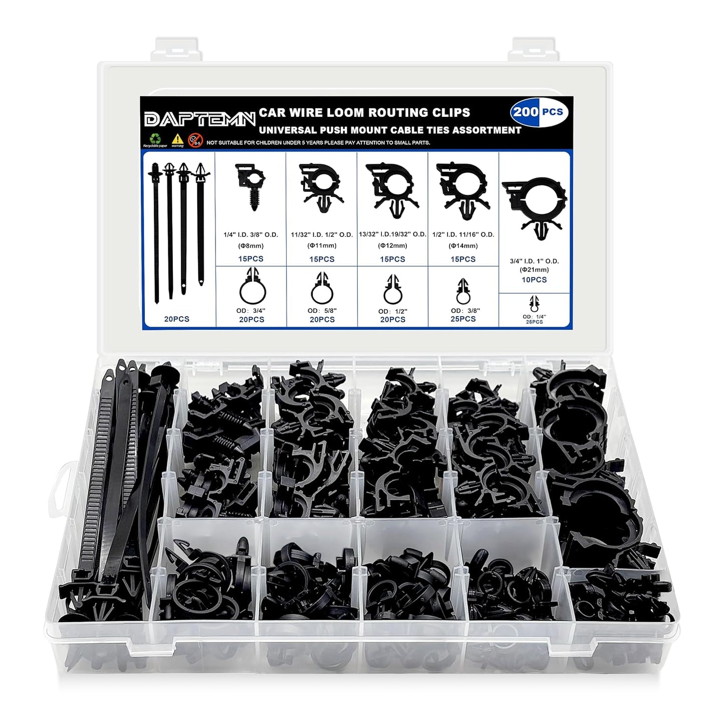 200 PCS Car Wire Loom Routing Clips Assortment Kit 14 Sizes Wiring Harness Routing Clips Push Mount Cable Zip Tie Replacement Parts for Universal Honda GM Mazda