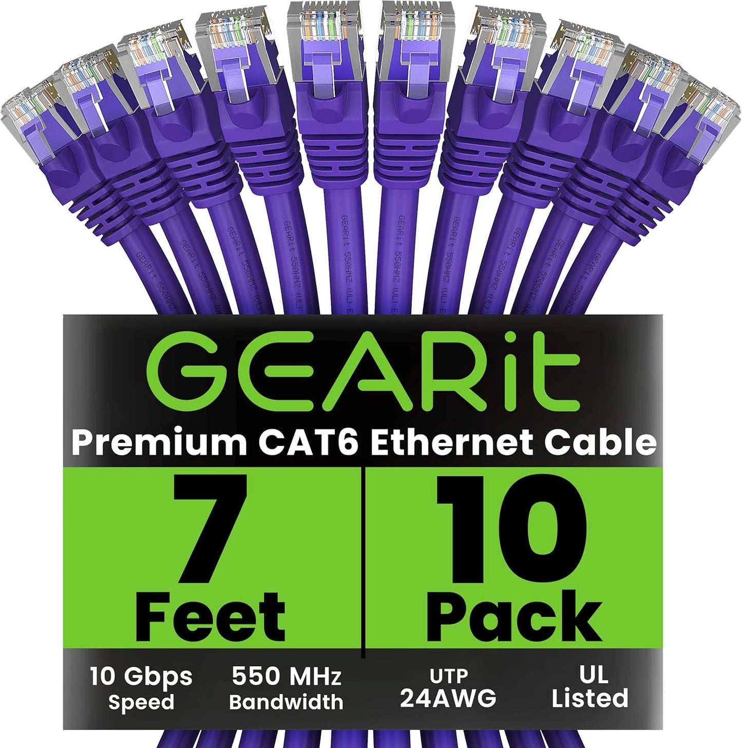 GearIT Cat 6 Ethernet Cable (10-Pack 7 Feet) Cat6 Network Patch, 10Gbps, RJ45, Snagless Cord, Gold-Plated Connectors, Internet for PC, TV, Tablet, Router, Printer, Servers, IT Data Center - Purple