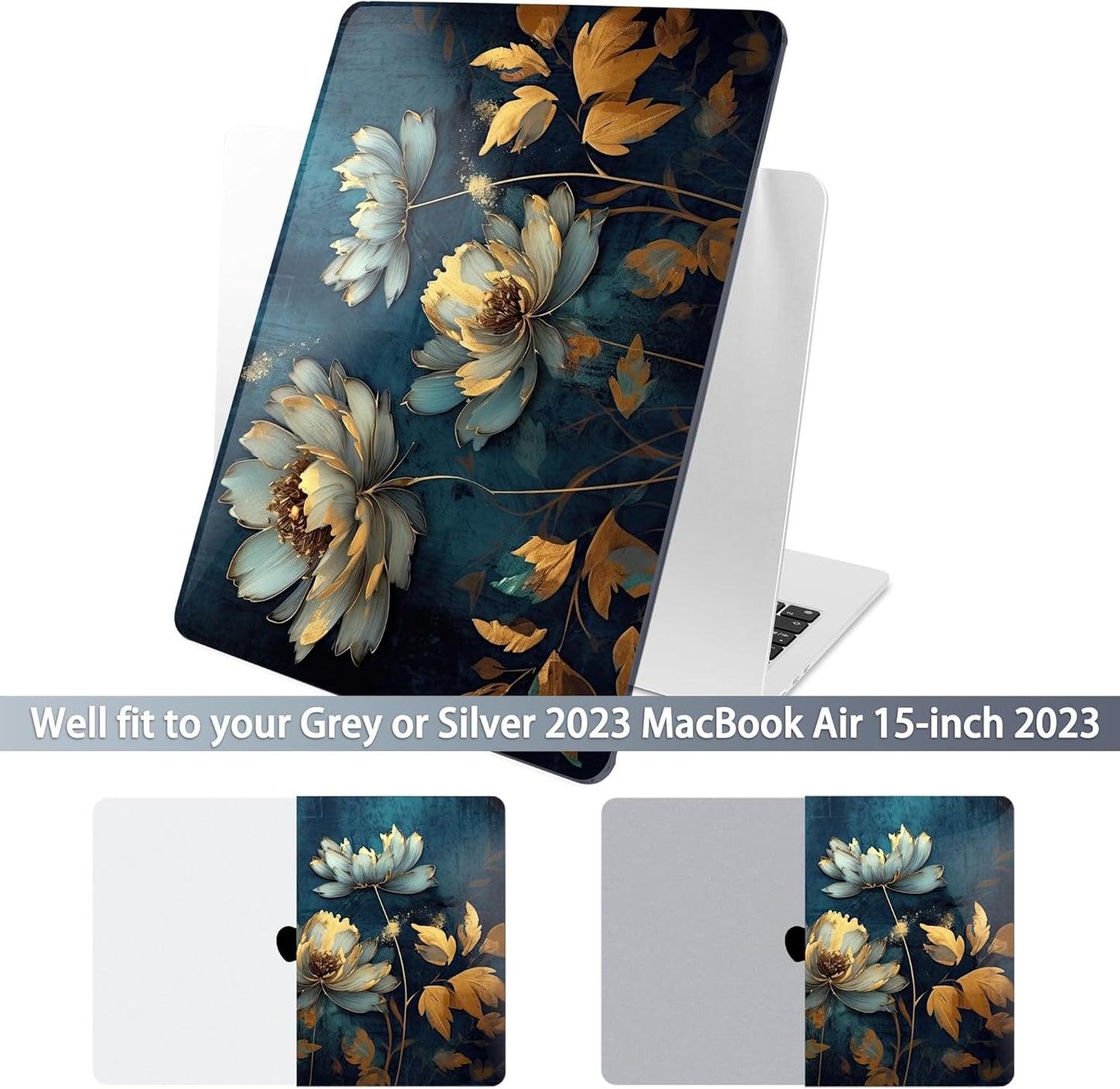 Batianda Premium Case for New MacBook Air 15 inch 2025 2024 2023 with M4 M3 M2 Chip, Designed Black Protective Plastic Hardshell & Keyboard Cover & Screen Protector, Blooming Flowers