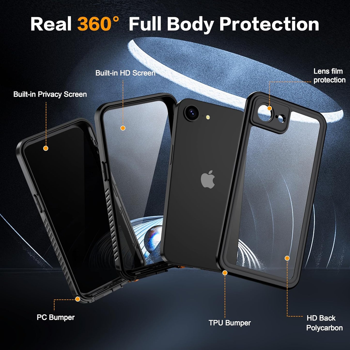 for iPhone 16E Case Waterproof - Built-in Privacy Screen Protector & HD Screen Protector [IP68 Underwater] Shockproof Dustproof Full Body Protection iPhone 16E Phone Case Black