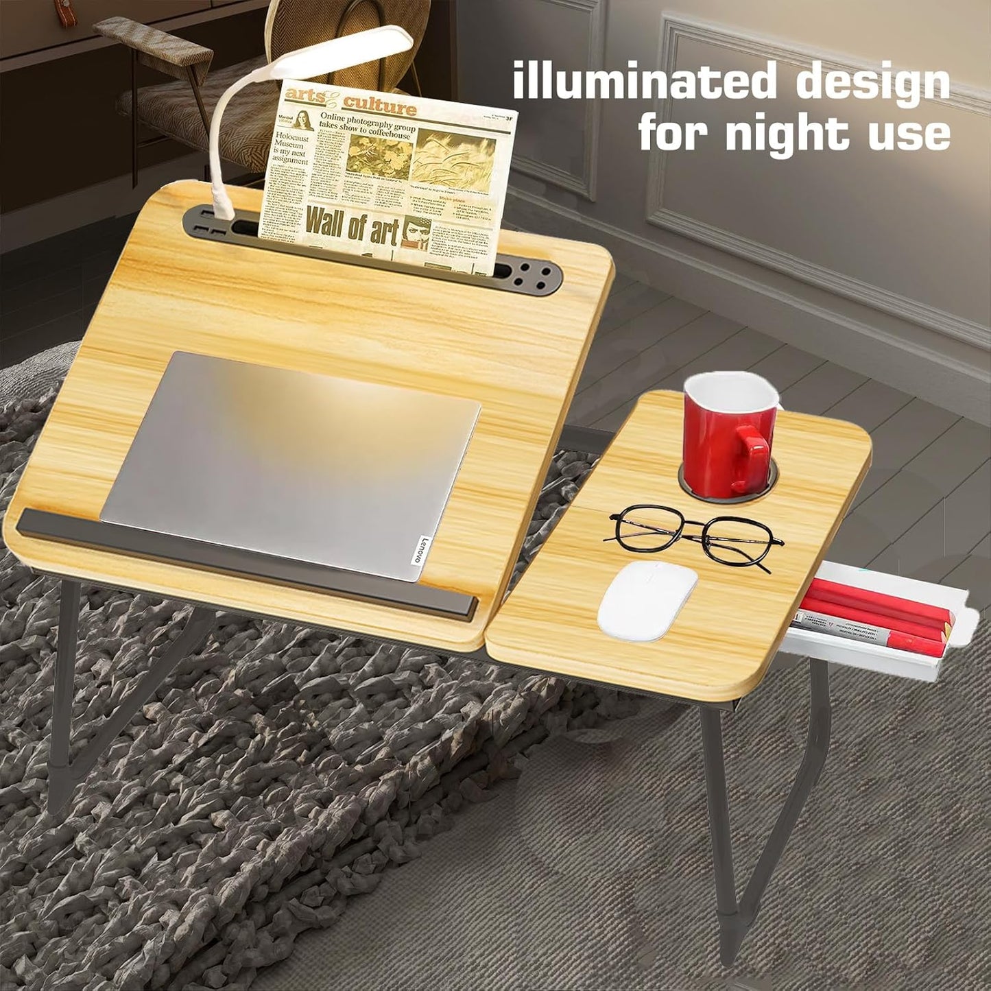 CloudTrip Plus XL Adjustable Laptop Desk with Light, USB Port, iPad Holder, Drawer Storage - Larger 23.6IN Adjustable Lap Desk for Bed, Home Office, Breakfast Tray, Fordable Legs Desk (Walnut)