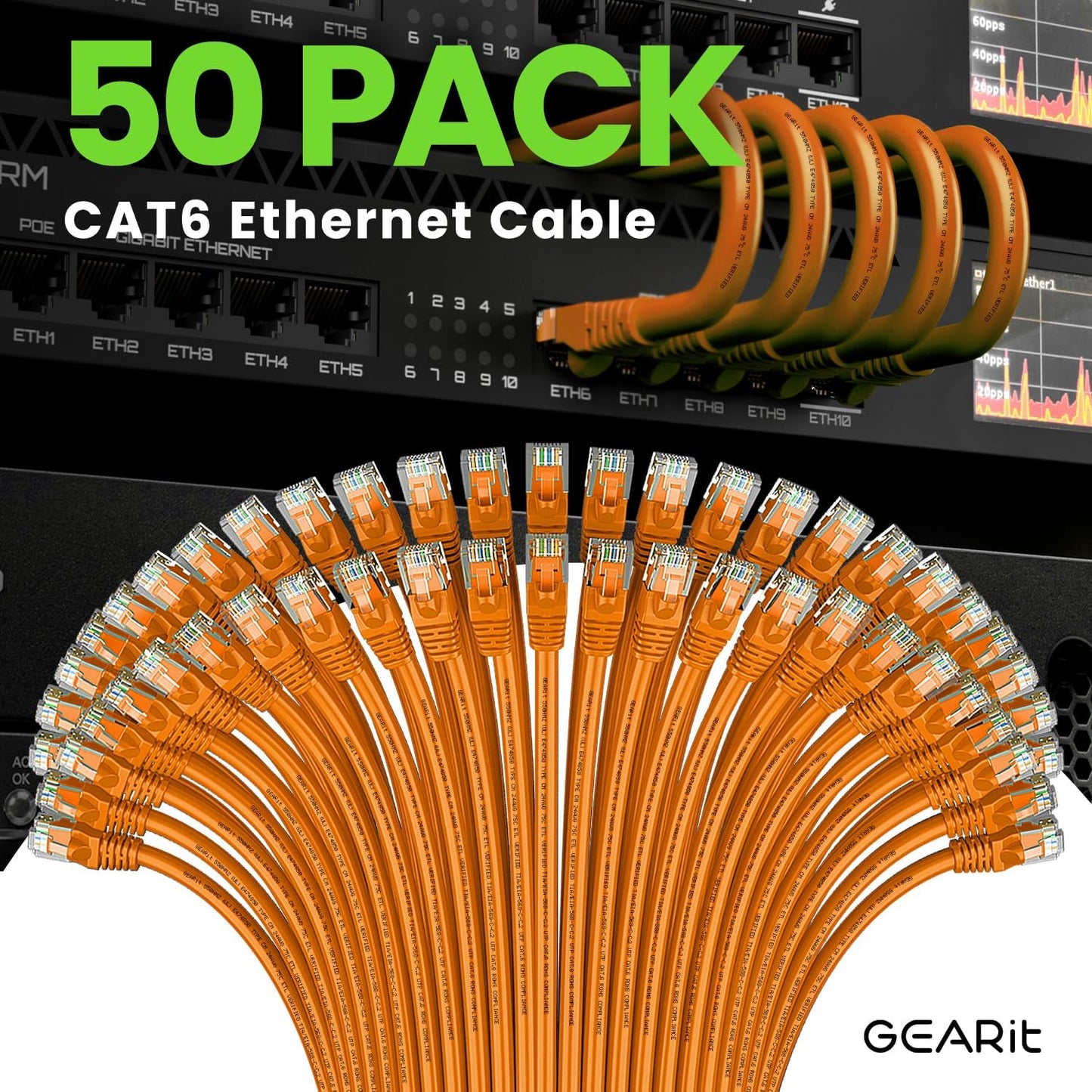 GEARit Cat 6 Ethernet Cable (50-Pack 1 Foot) Cat6 Network Patch, 10Gbps, RJ45, Snagless Cord, Gold-Plated Connectors, Internet for PC, TV, Tablet, Router, Printer, Servers, IT Data Center - Orange