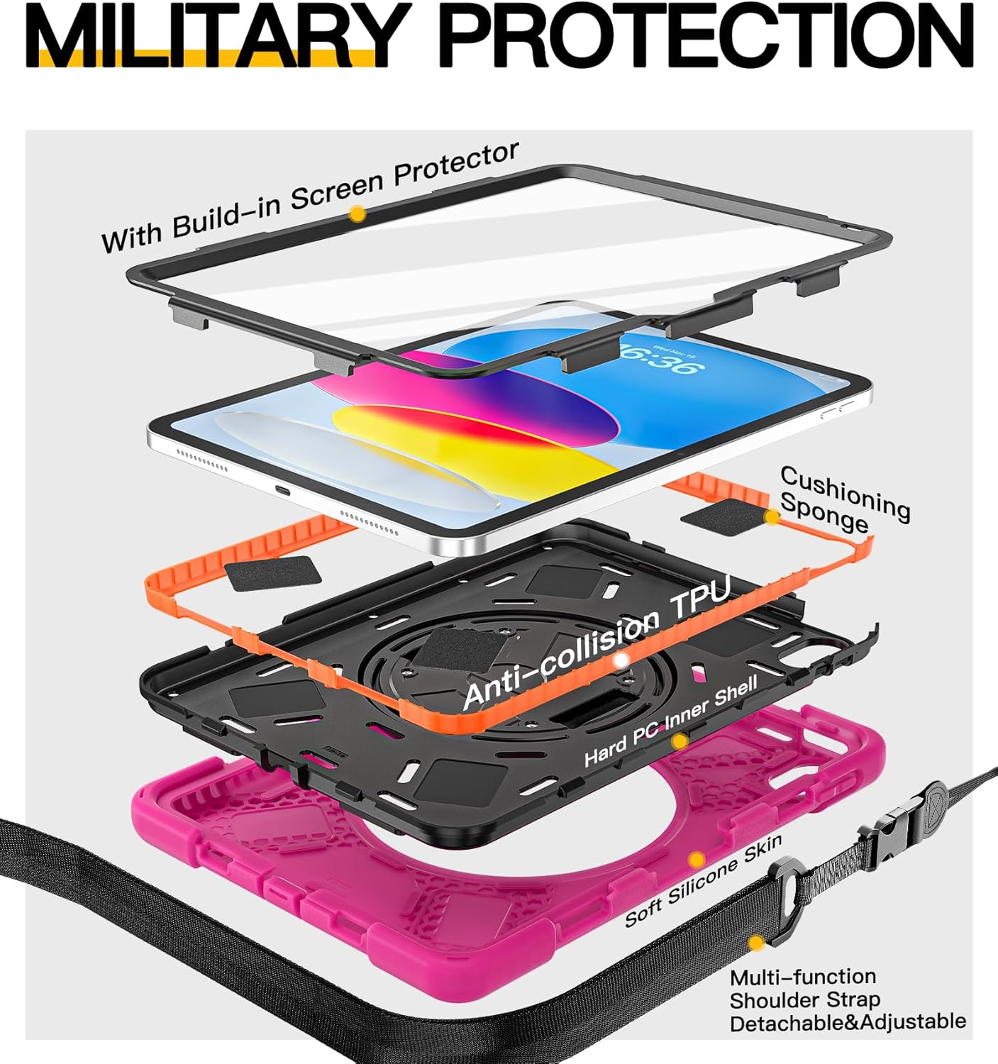 BRAECN for iPad (A16) 11th/10th Generation case 11/10.9 inch 2025/2022 Heavy Duty Shockproof Protective with Pencil Holder Screen Protector 360°Rotating Stand Handle & Shoulder Strap Full Body Cover