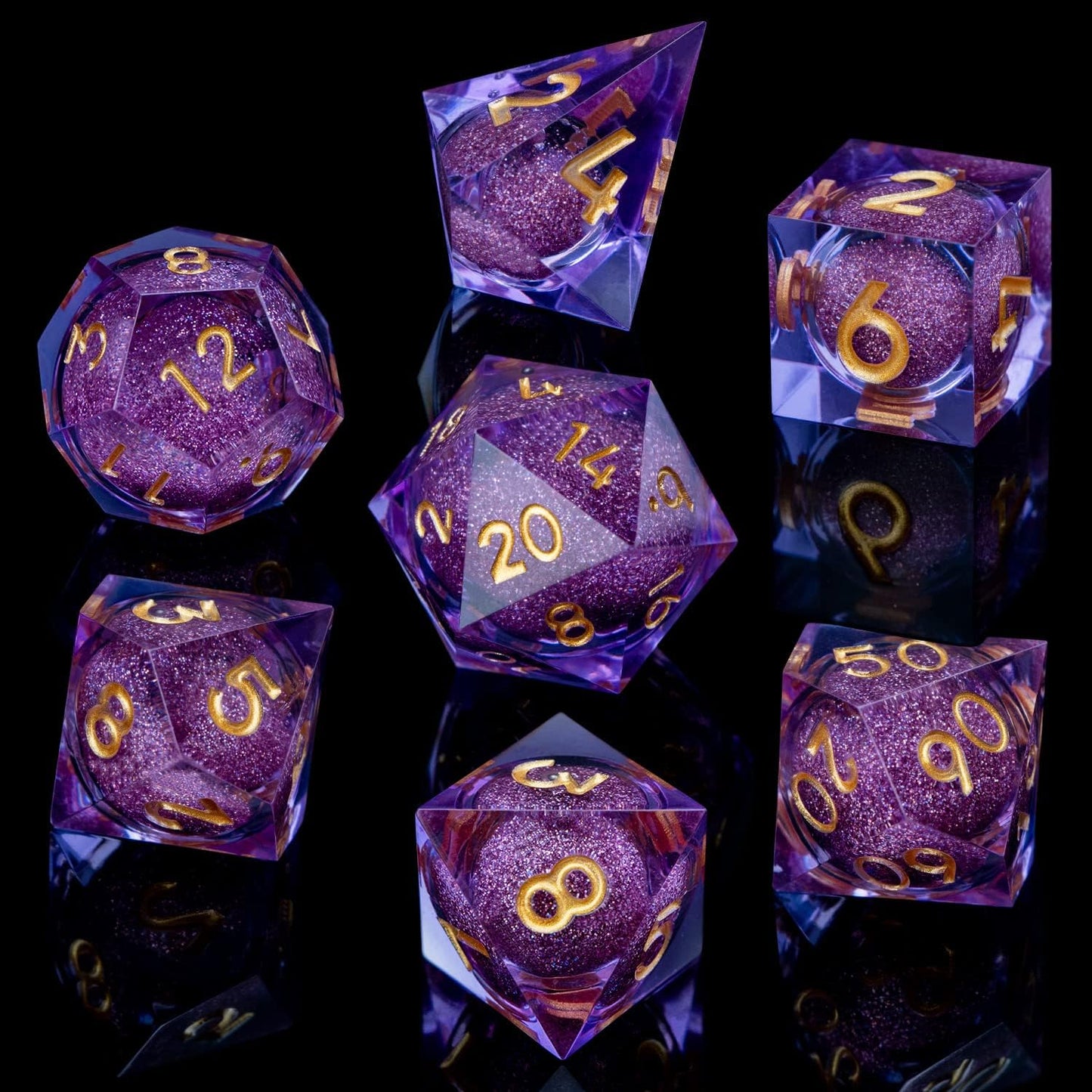 ARUOHHA DND Liquid Core Dice, 7pcs Resin Sharp Edged Dice Set RPG Translucent Polyhedral D and D Dice, Role Playing Dice Set D20 D12 D10 D8 D6 D4 with Gift Box
