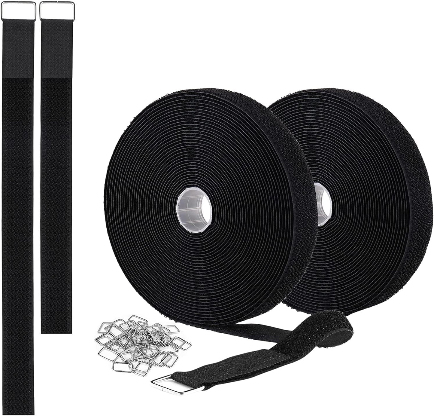 2 Rolls 32.2ft 1 Inch Wide Cable Ties, Jumpso Adjustable Fastening Zip Ties Hook and Loop Straps with 40 Metal Buckles, Reusable Nylon Cinch Straps for Organizer, Black