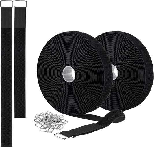 2 Rolls 32.2ft 1 Inch Wide Cable Ties, Jumpso Adjustable Fastening Zip Ties Hook and Loop Straps with 40 Metal Buckles, Reusable Nylon Cinch Straps for Organizer, Black