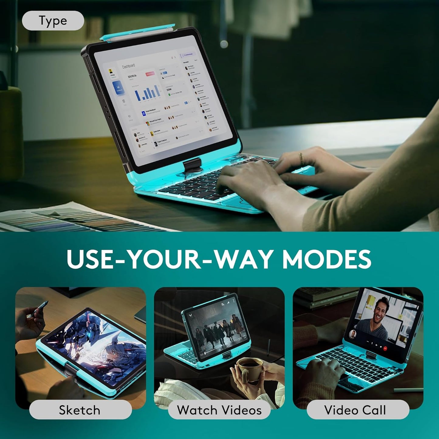 GUSGU Transparent Case with Wireless Keyboard for iPad 11th Gen 11-in.(A16, 2025), 2022 iPad 10th Gen 10.9-in, 7 Colors Backlight, Trackpad, 360°Rotating Stand, Tech Style