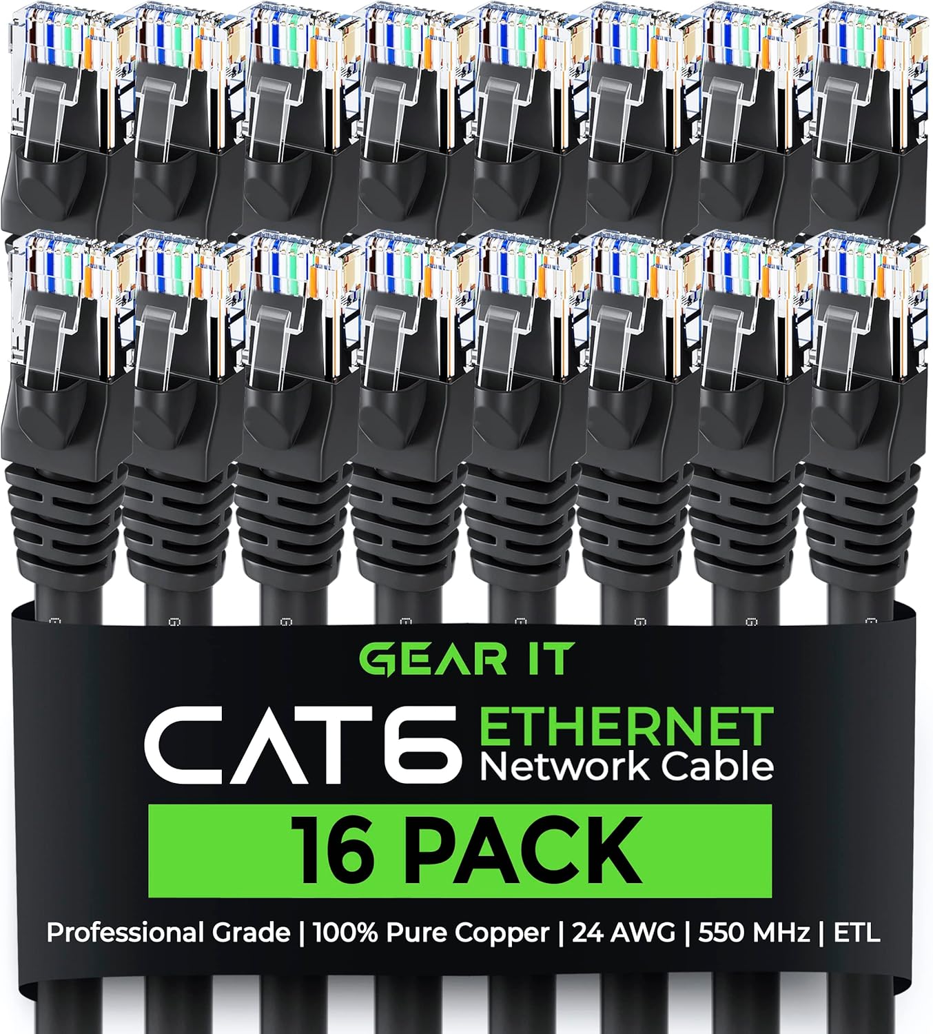 GearIT Cat 6 Ethernet Cable (16-Pack 3 Feet) Cat6 Network Patch, 10Gbps, RJ45, Snagless Cord, Gold-Plated Connectors, Internet for PC, TV, Tablet, Router, Printer, Servers, IT Data Center - Black
