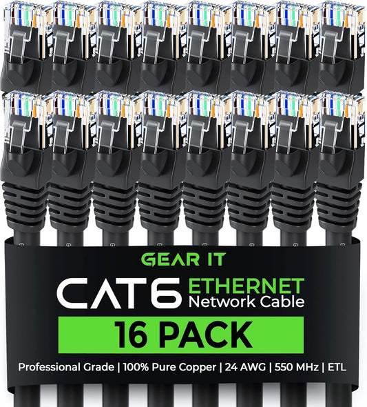GearIT Cat 6 Ethernet Cable (16-Pack 3 Feet) Cat6 Network Patch, 10Gbps, RJ45, Snagless Cord, Gold-Plated Connectors, Internet for PC, TV, Tablet, Router, Printer, Servers, IT Data Center - Black