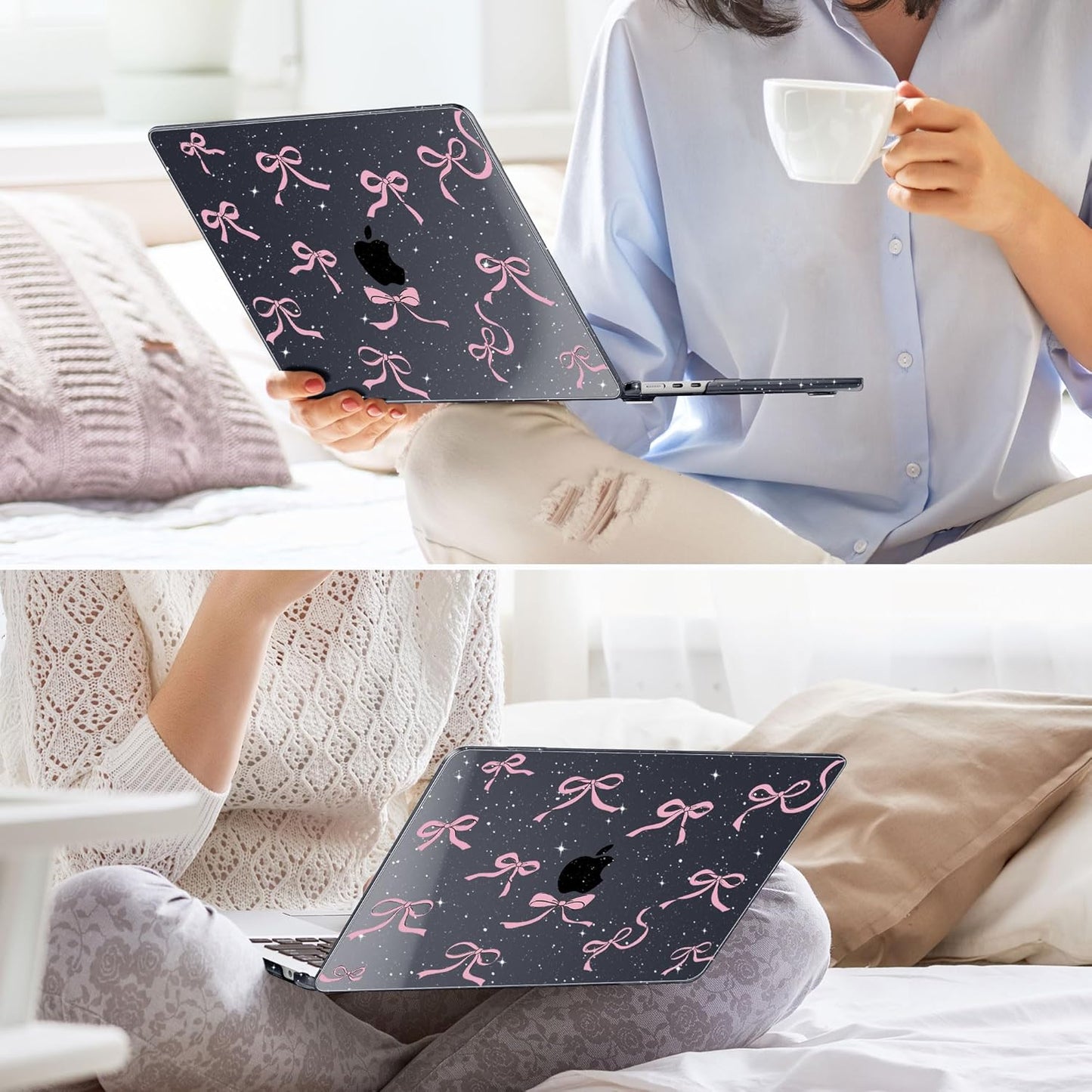 May Chen for MacBook Air 13.6 inch Case A3240 M4 A3113 M3 A2681 M2 with Retina Dispaly, 2025 2024 2023 2022 Release, Plastic Hard Shell Case with Screen Protector & Keyboard Cover, Black Glitter Bow