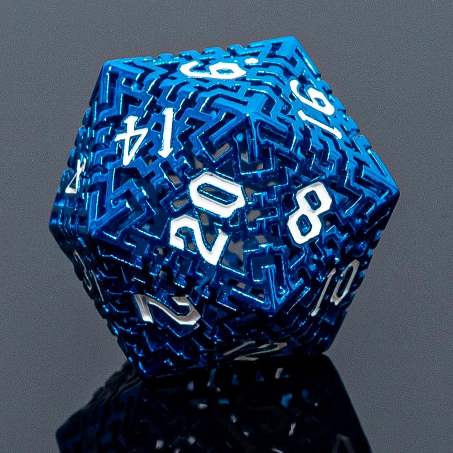 Blue Metal Hollow DND Dice Set (Wizard) Metallic Luster Maze Design with Storage Box - Balanced Weight 7 Piece Zinc Alloy, designed for Dungeons and Dragons DMs and Players RPG Accessories