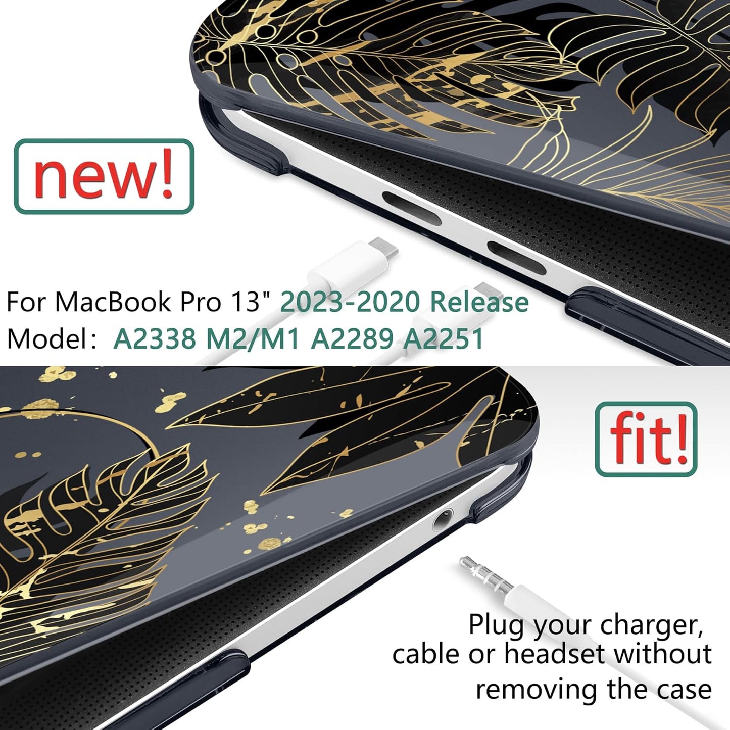 TWOLSKOO Compatible with MacBook Pro 13 inch Case 2023-2016 A2338 M2/M1 A2251 A2289 A2159 A1989 A1706, Plastic Hard Shell Cover & Keyboard Skin & Screen Protector - Golden Tropical Leaf