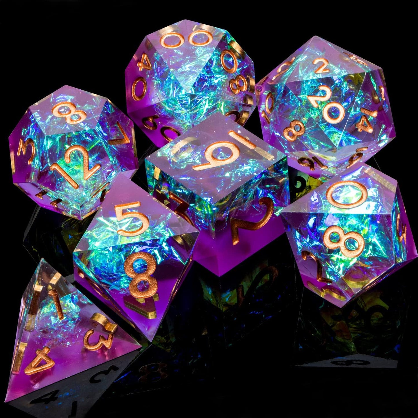 ARUOHHA DND Resin Dice Set 7Pcs Handmade Glitter Inclusions Sharp Edge Dice with Box, Lightning Polyhedral RPG Translucent D and D Dice D20 D12 D10 D8 D6 D4