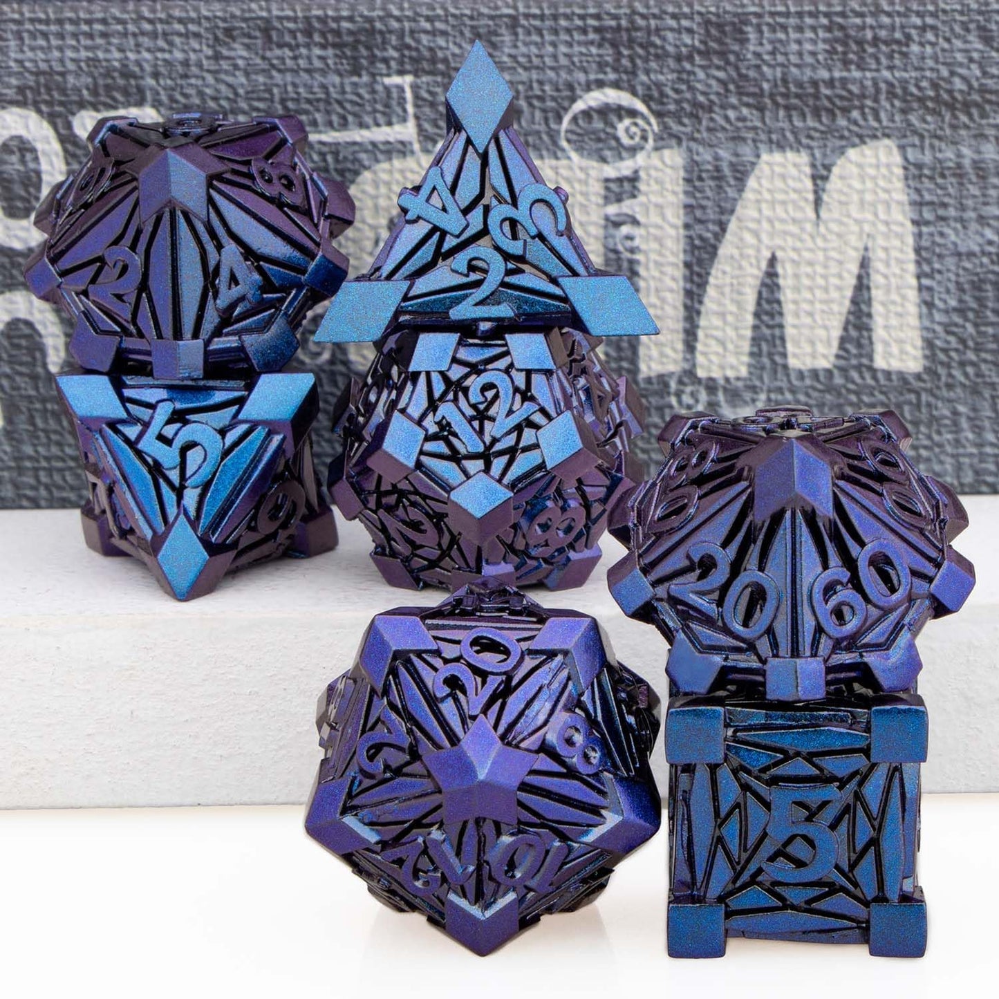 7PCS Metal DND Dice Set with Box, Debris RPG Blue Purple D and D Dice for use with D&D Tabletop Games Role Playing Game Polyhedral Dice Set D20 D12 D10 D8 D6 D4