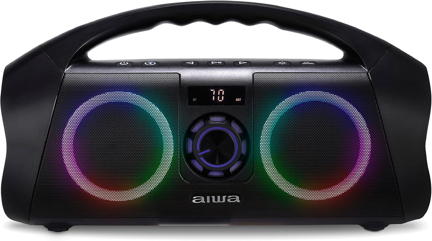 AIWA Portable Boombox - Waterproof Bluetooth Speaker, Rechargeable Wireless Boombox with Multi Color LED Lighting and Digital Display, AUX Input and Carry Handle, 15 Hour Playtime