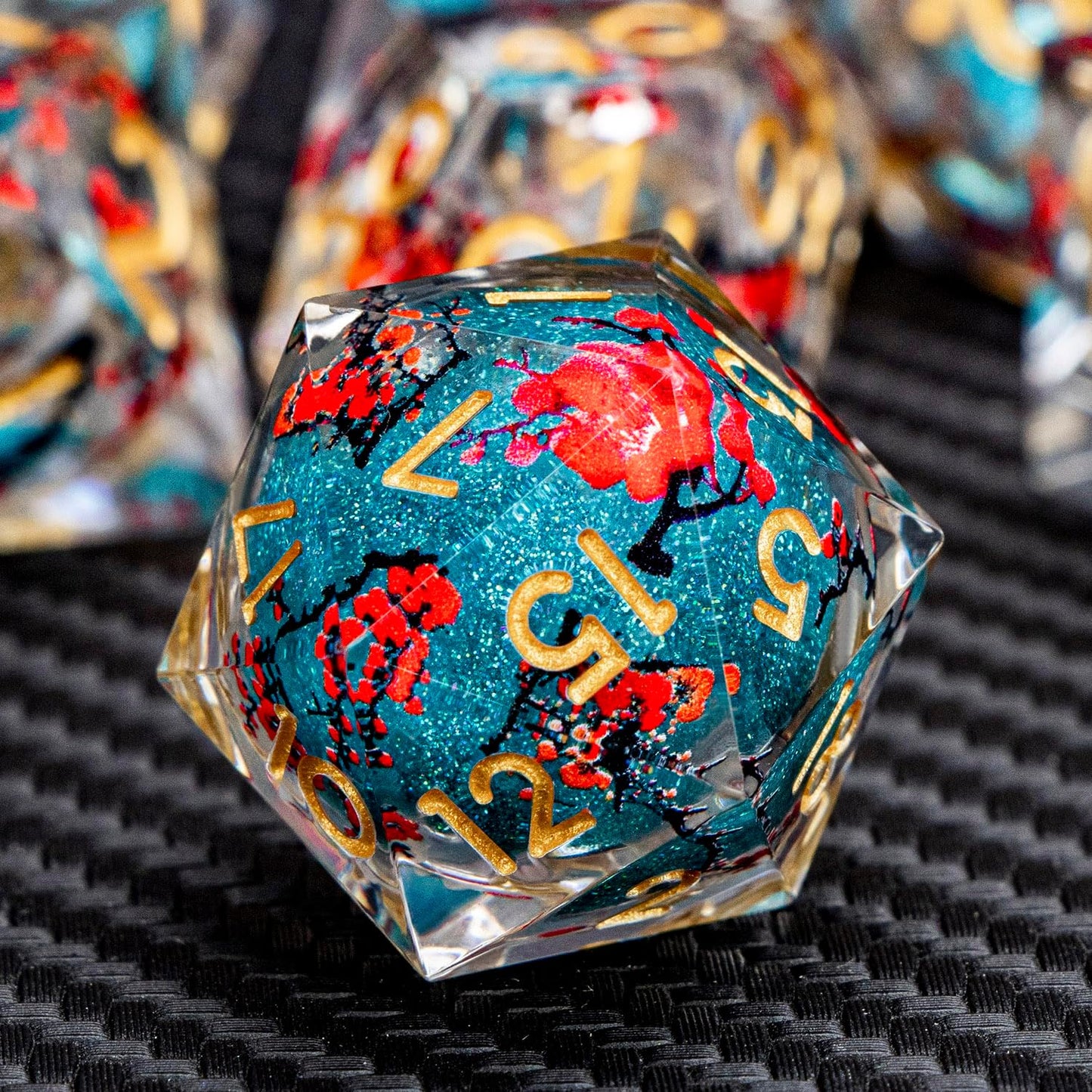 ARUOHHA DND Resin Dice Plum Blossom Liquid Core Dice Golden Blue Sharp Edged Polyhedral Dragons Dice Set with Gift Box, Dungeons D and D Dice Role Playing Game D20 D12 D10 D8 D6 D4