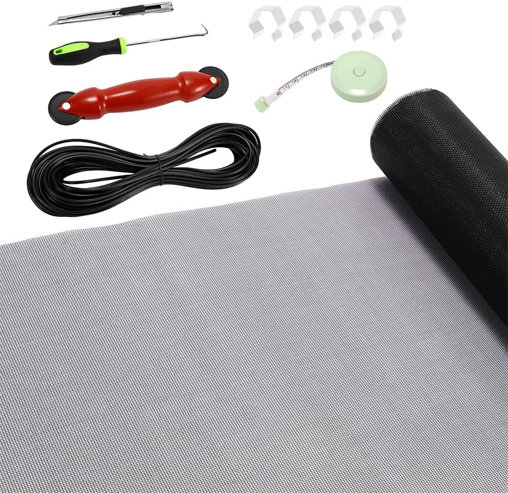 FLYZZZ Window Screen Door Repair Kit, 59‘’X118‘’ Fiberglass Mesh Replacement with Roller Tool/Hook/Spline/Cutter/Clips/Ruler, 7-in-1 Sliding Patio Door & Screen Door Repair Kit, Black