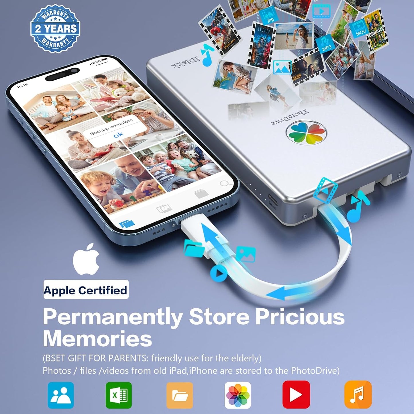 iDiskk App-le Certified 1TB for iPhone 15 and iPhone 16 External Hard Drive for iPhone Photos Videos,iPad, MacBook,Compatible with iOS & Android, Store Music, Documents Files for All Devices